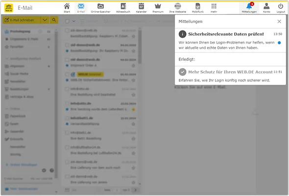 Im Web-Postfach www.web.de finden Sie neben dem Logout-Button ab sofort wichtige Mitteilungen.