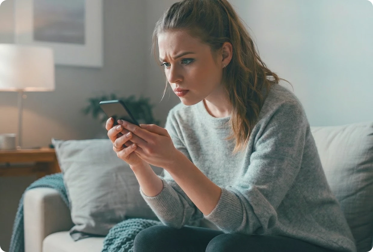 Eine junge Frau schaut besorgt auf ihr Smartphone.
