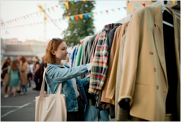 Junge Frau auf Flohmarkt schaut sich Second-Hand-Kleidung an.