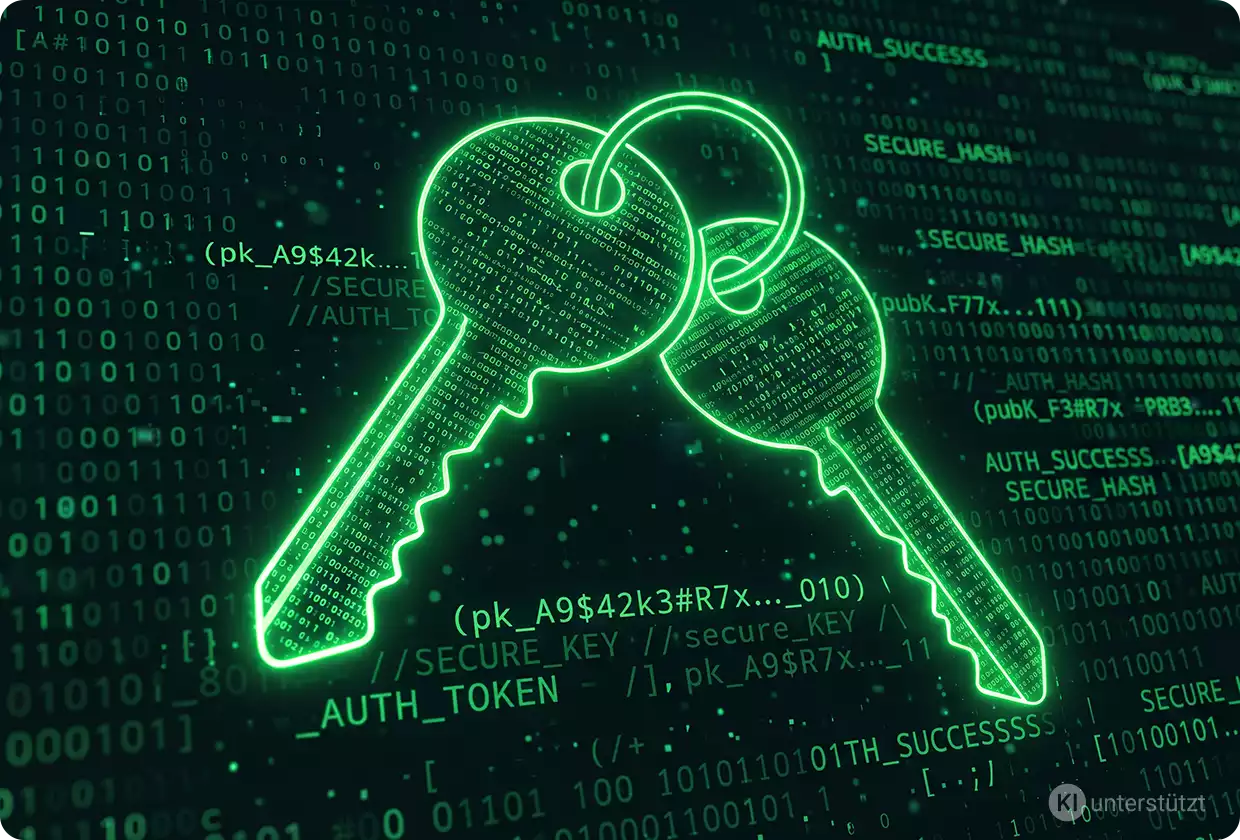 Zwei digitale Schlüssel am Schlüsselring auf grünem HTML-Code