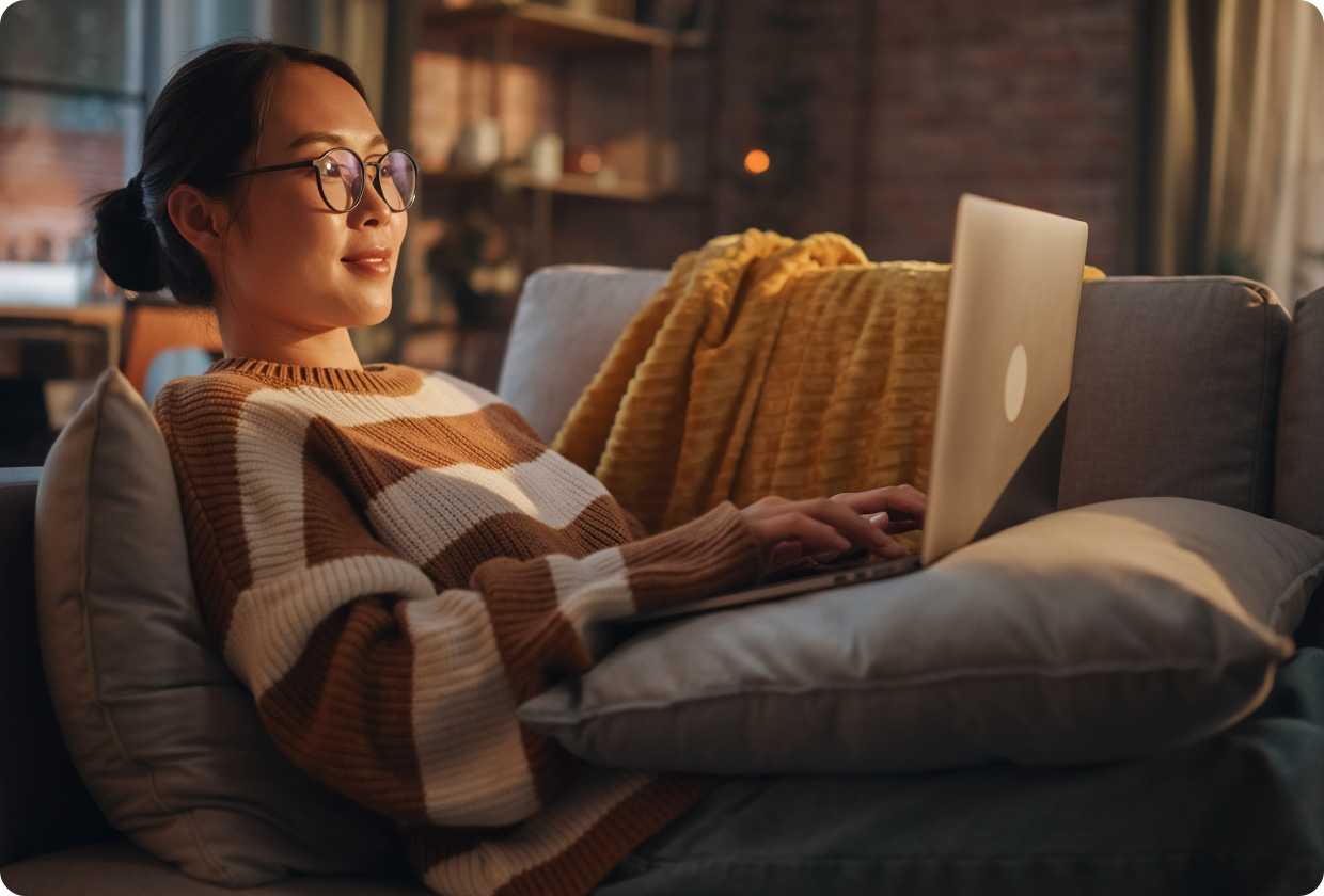 Junge Frau liegt entspannt auf dem Sofa und tippt etwas auf Ihrem Laptop.