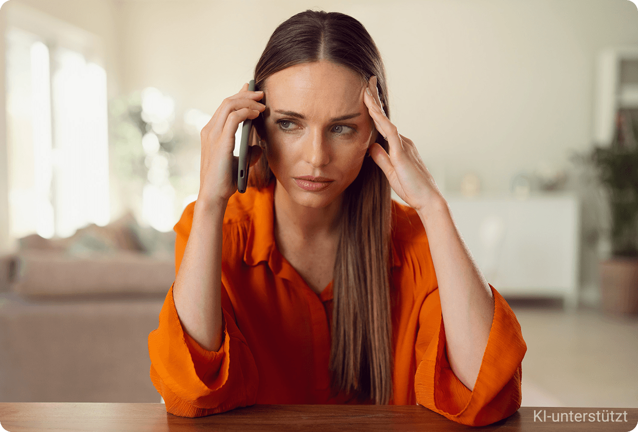 Eine besorgt wirkende Frau telefoniert mit einem Smartphone und hält sich mit der anderen Hand die Schläfe. Das Bild symbolisiert Stress und mögliche Betrugsversuche durch Telefonanrufe (Vishing).