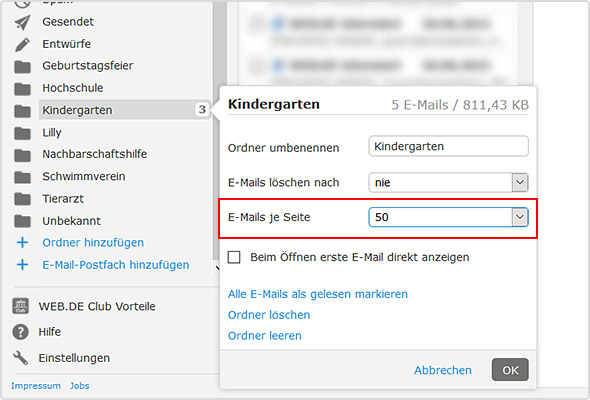 Im Feld "E-Mails je Seite" können Sie die Anzahl der E-Mails wählen.