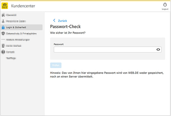 Geben Sie Ihr Passwort in der Eingabemaske des WEB.DE Passwort-Checks ein.