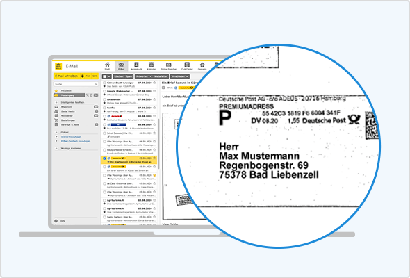 So sieht die Briefankündigung im Postfach aus: Links in der Mailliste die Ankündigungs-Mails mit gelbem Deutsche-Post-Logo. Rechts der Scan des Briefumschlags