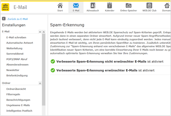 Über die Einstellungen können Sie die Verbesserte Spam-Erkennung aktivieren.