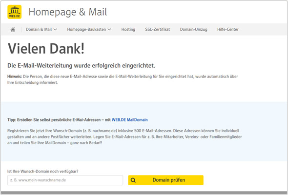 Bestätigung der eingerichteten E-Mail-Weiterleitung.