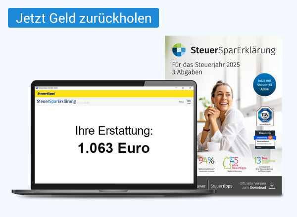 Laptop zeigt Steuererstattung von 1.063 Euro, daneben SteuerSparErklärung 2025 Softwarebox auf Tisch vor weißer Backsteinwand