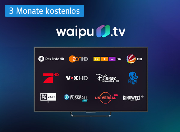 Im Hintergrund steht ein schwarzes Flachbildfernseher und darauf ist das waipu.tv Logo zu sehen. Rechts vor dem Fernseher steht ein Tablet und darauf sind die Logos von Das Erste, ProSieben, Vox, ZDF, RTL und Sat1 zu sehen. Links vor dem Fernseher ist ein Laptop zu sehen und auf dem Bildschirm ist ein Fußballspiel zu sehen.