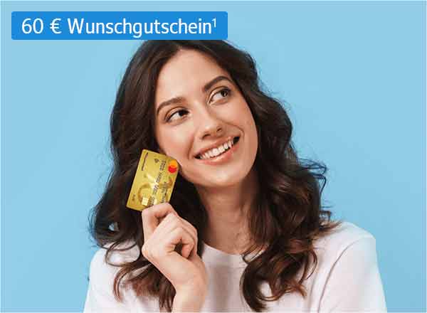 Frau mit goldener Kreditkarte trägt Advanzia-Shirt. Unten links: 60 € Wunschgutschein für über 500 Shops.