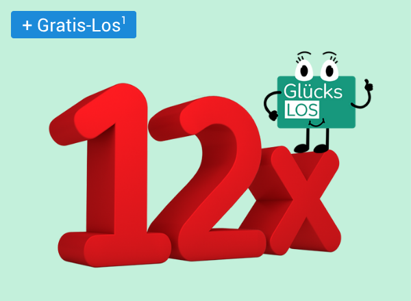 Rote Zahl '12x' mit kleinem grünen Comic-Glücks-Los mit Augen und Armen rechts oben