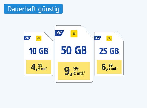 WEB.DE 5G-Tarife: 10 GB für 4,99 €, 25 GB für 6,99 €, 50 GB für 9,99 € monatlich.¹