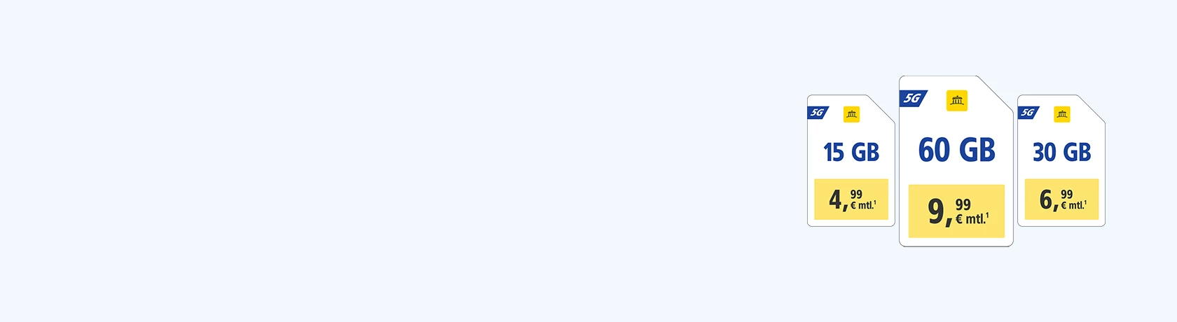WEB.DE 5G-Tarife: 15 GB für 4,99 €, 30 GB für 6,99 €, 60 GB für 9,99 € monatlich.¹