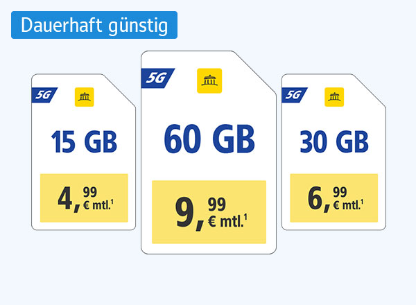 WEB.DE 5G-Tarife: 15 GB für 4,99 €, 30 GB für 6,99 €, 60 GB für 9,99 € monatlich.¹