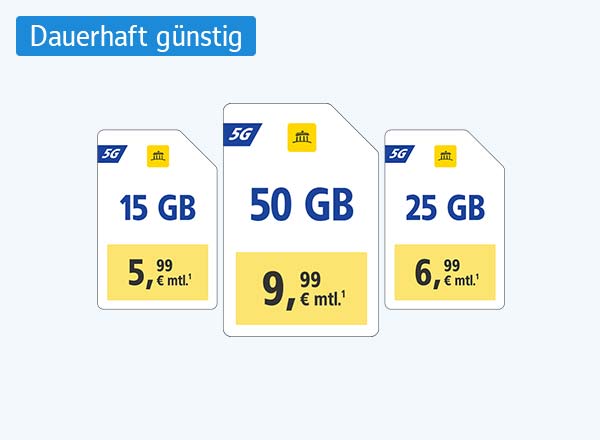 WEB.DE 5G-Tarife: 15 GB für 5,99 €, 25 GB für 6,99 €, 50 GB für 9,99 € monatlich.¹