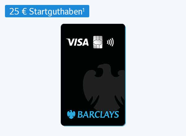 Schwarze Barclays Visa Kreditkarte mit Kontaktlos-Symbol und grünem Kreis mit Text "25 € Startguthaben"