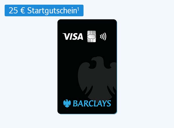 Schwarze Barclays Visa Kreditkarte mit Kontaktlos-Symbol und Chip, darüber Text "25 € Startguthaben"