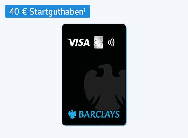 Schwarze Barclays Visa Kreditkarte mit Kontaktlos-Symbol und grünem Kreis mit Text "40 € Startguthaben"