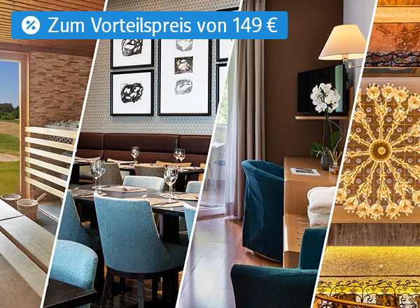 Drei Fotos zeigen ein Restaurant mit gedeckten Tischen und blauen Stühlen, einen Raum mit blauem Sessel und Schreibtisch, sowie einen Kronleuchter mit goldfarbenen Details.