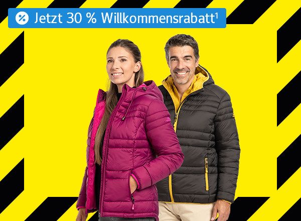 Zwei Personen tragen Steppjacken, eine in Pink, die andere in Schwarz der Hintergund des Visuals ist gelb-schwarz gestreift mit dem Hinweis das es jetzt bei Personalshop einen Willkommendrabatt von 30 % gibt