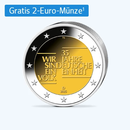 Zwei goldene Münzen mit dem Brandenburger Tor und dem Bundesadler. Text: '35 Jahre Deutsche Einheit', 'Wir sind ein Volk!', 'gratis'.