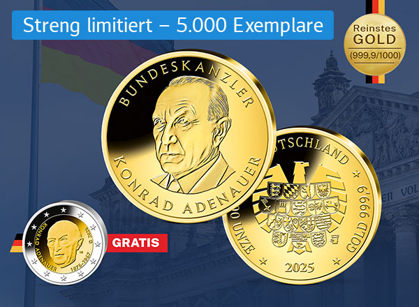 3 Münzen, zwei davon mit Konrad Adenauer Prägung, die dritte Münze zeigt die Rückseite mit Bundesadler Prägung, mit Chip-Text "Streng limitiert"