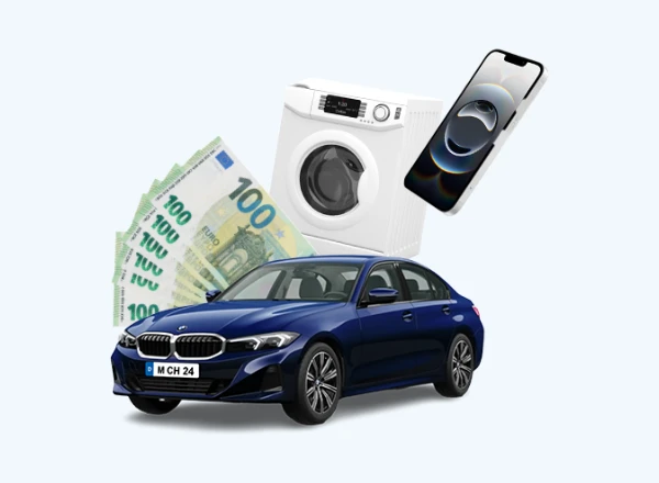 Auf dem Foto sind Bargeld, eine Waschmaschine, ein Handy, ein Auto und der Text: „Bis zu 100 € Cashback!“