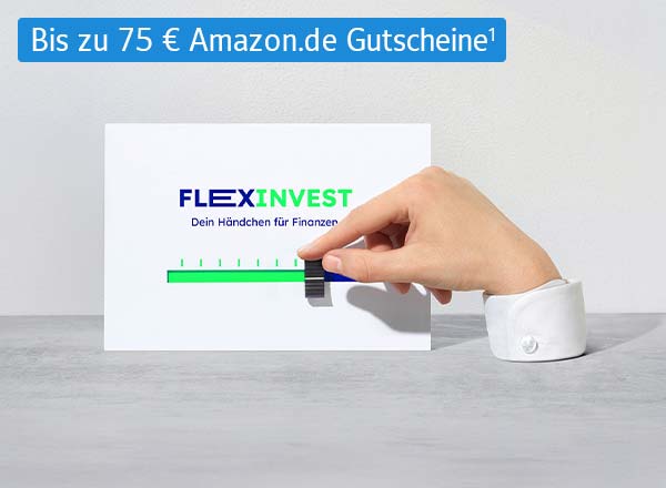 Eine Hand bewegt einen schwarzen Marker entlang eines grünen Fortschrittsbalkens. Über dem Balken steht der Schriftzug „FLEXINVEST – Dein Händchen für Finanzen“. In der Mitte des Bildes befindet sich ein Hinweis, der auf einen Amazon.de-Gutschein von bis zu 75 € aufmerksam macht.
