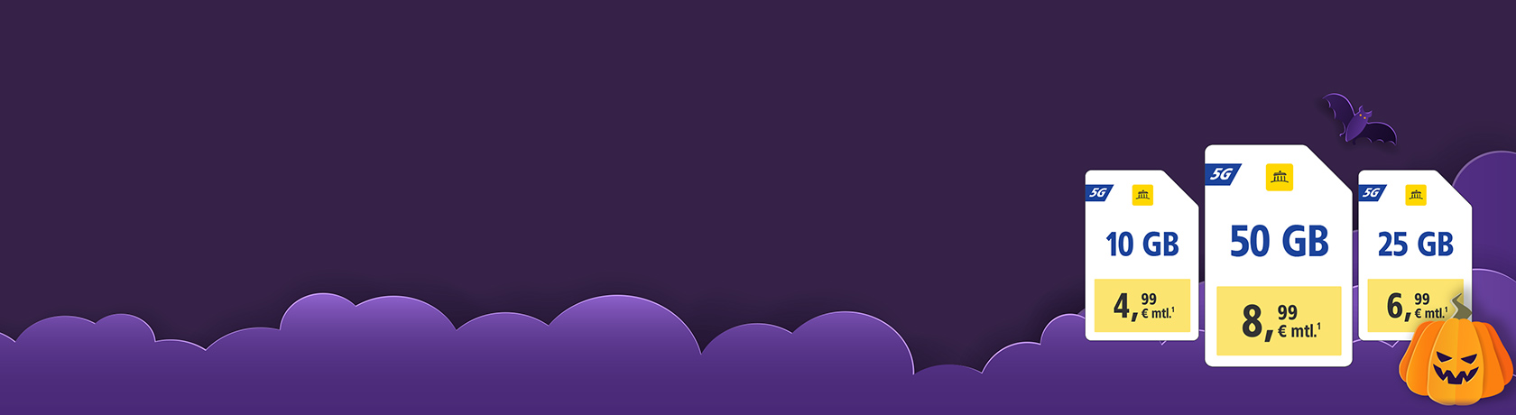 WEB.DE 5G-Tarife: 10 GB für 4,99 €, 25 GB für 6,99 €, 50 GB für 8,99 € monatlich.¹