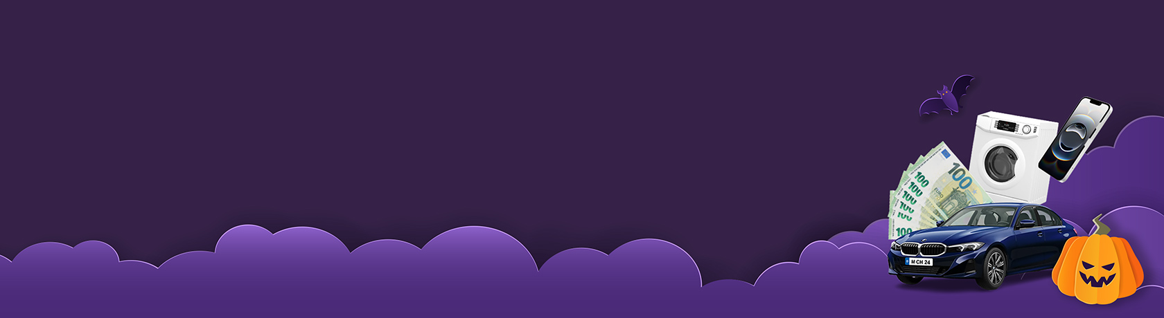 Auf dem Foto sind Bargeld, eine Waschmaschine, ein Handy, ein Auto und der Text: „Bis zu 100 € Cashback!“