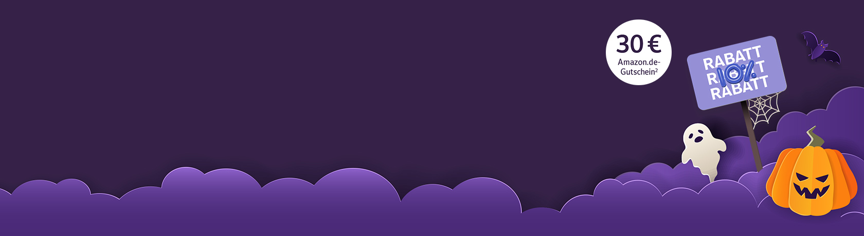 Halloween-Motiv mit Kürbis, Geist, Fledermaus und Roland Rechtsschutz-Schild auf lila Wolken