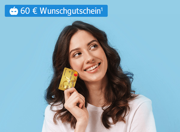 Frau mit goldener Kreditkarte trägt Advanzia-Shirt. Unten links: 60 € Wunschgutschein für über 500 Shops.