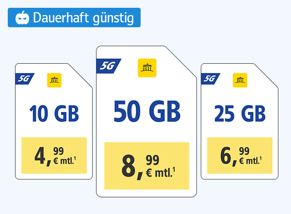 WEB.DE 5G-Tarife: 10 GB für 4,99 €, 25 GB für 6,99 €, 50 GB für 8,99 € monatlich.¹