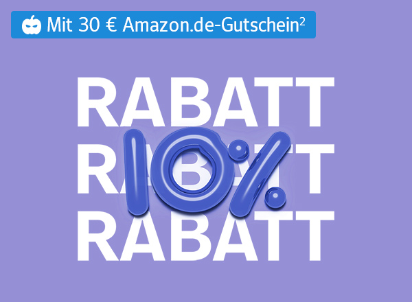 Text 'Rabatt' dreimal hintereinander, darüber Hinweis auf 30 € Amazon.de-Gutschein, große blaue 10 Prozent Zahl