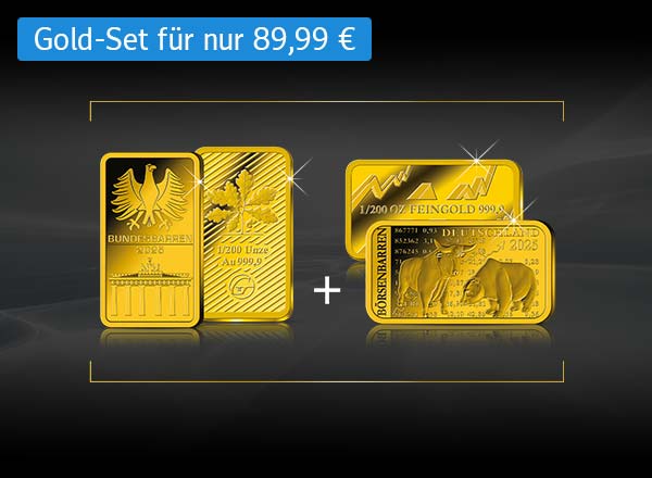 Zwei goldene Barren mit Bundesadler und Eichenblatt, zwei goldene Barren mit Bullen und Bär, jeweils mit Prägung '1/200 Unze Feingold 999,9' und Jahreszahl 2023