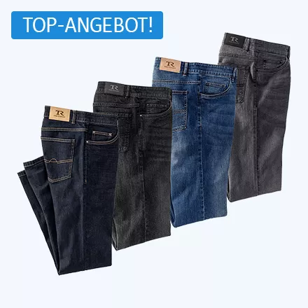 Vier gefaltete Herrenjeans in verschiedenen Blau- und Grautönen, jeweils mit Lederetikett am Bund, dazu ein Chip mit dem Text: TOP-ANGEBOT!