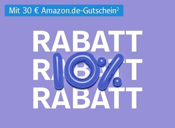 Text 'Rabatt' dreimal hintereinander, darüber Hinweis auf 30 € Amazon.de-Gutschein, große blaue 10 Prozent Zahl