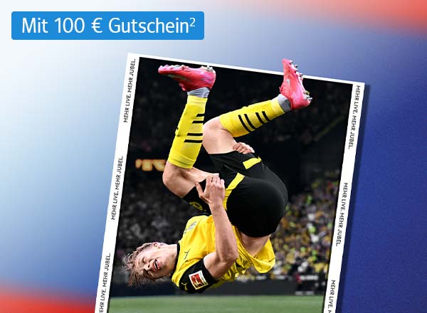 Fußballspieler in gelb-schwarzem Trikot führt einen Fallrückzieher aus; Werbeangebot für Sky-Abonnement für 24,99 € monatlich und 100 € Gutschein