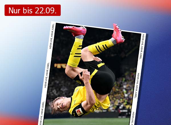 Fußballspieler in gelb-schwarzem Trikot führt einen Fallrückzieher aus; Werbeangebot für Sky-Abonnement für 24,99 € monatlich und 100 € Gutschein