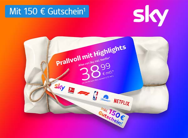 Bunter Verlaufshintergrund mit weißem Text: 'sky Prallvoll mit Highlights 38,99 € mtl.* (im 24-Monats-Abo, danach € 75 mtl.)' und blauem Banner 'Mit 150 € Gutschein¹'.