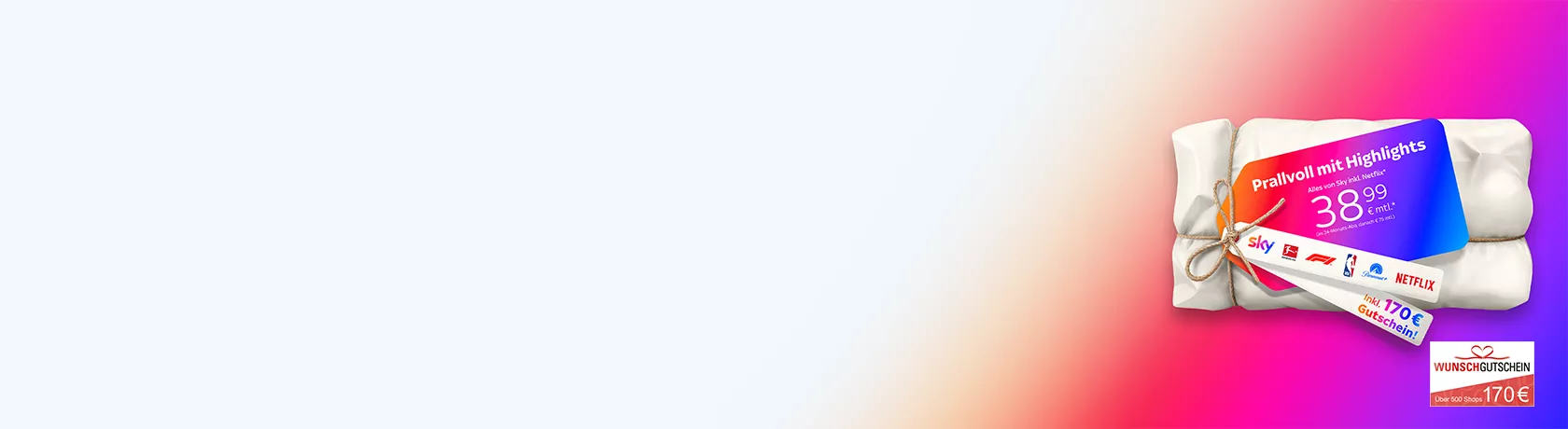 Ein Päckchen mit einem Paketband, darauf ein Etikett mit der Headline "Prallvoll mit Highlights" und der Preisangabe "38,99 € mtl." sowie Logos von Sky, Bundesliga, Formel1, NBA, Paramount+ und Netflix. sowie einem zweiten Schild mit dem Hinweis "inkl. 170 € Gutschein!"