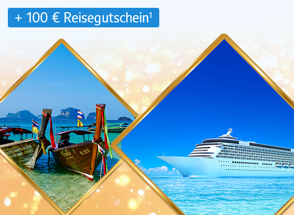 Zwei viereckige Bildausschnitte, die das Meer zeigen. Auf dem linken Bildausschnitt sind zusätzlich zwei alte Fischerboote zu sehen und auf dem rechten Bildausschnitt ein Kreuzfahrtschiff.