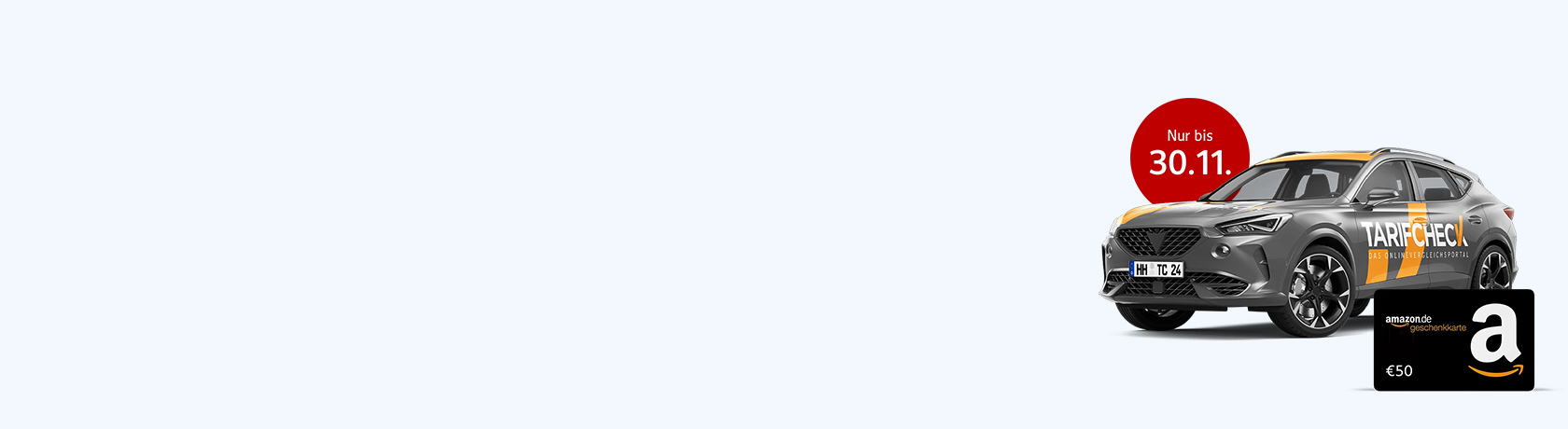 Graues SUV mit schwarzem Dach und Felgen, roter Aufkleber 'Nur bis 30.11.', daneben schwarze 50 € Amazon-Geschenkkarte².