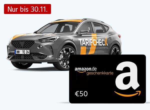 Grauer SUV mit gelben Streifen und Aufschrift 'TARIFCHECK DAS ONLINEVERGLEICHSPORTAL', daneben eine schwarze 50 € Amazon-Geschenkkarte².