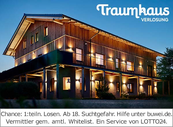 Lotto Traumhaus: Teilnahme ab 18 Jahren. Spielen kann süchtig machen. Hilfe: buwei.de. Vermittlung durch LOTTO24 (Whitelist).
