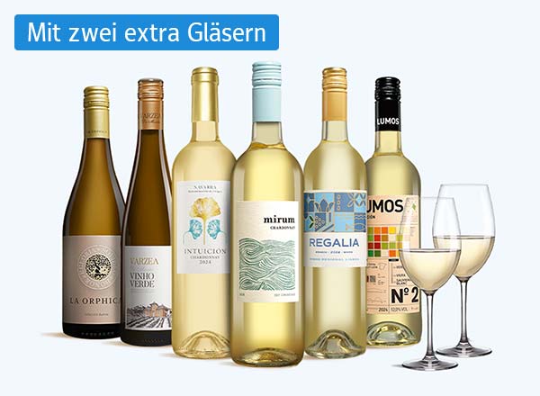 6 Flaschen Wein, rechts davon 2 Gläser mit Weißwein, darüber Text: Mit zwei extra Gläsern