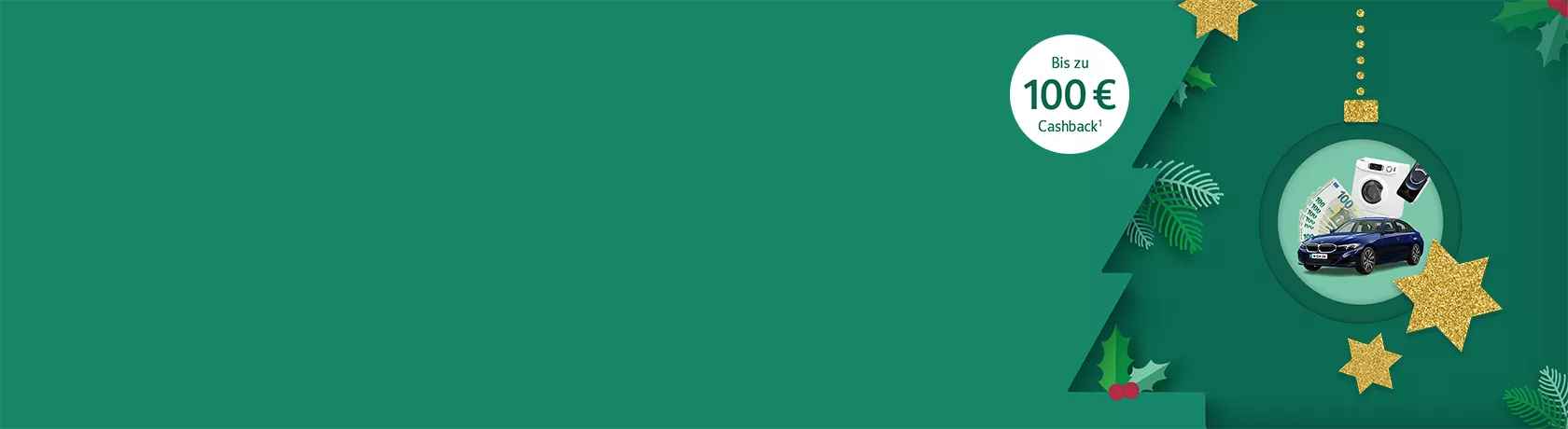 Auf dem Foto sind Bargeld, eine Waschmaschine, ein Handy, ein Auto und der Text: „Bis zu 100 € Cashback!“