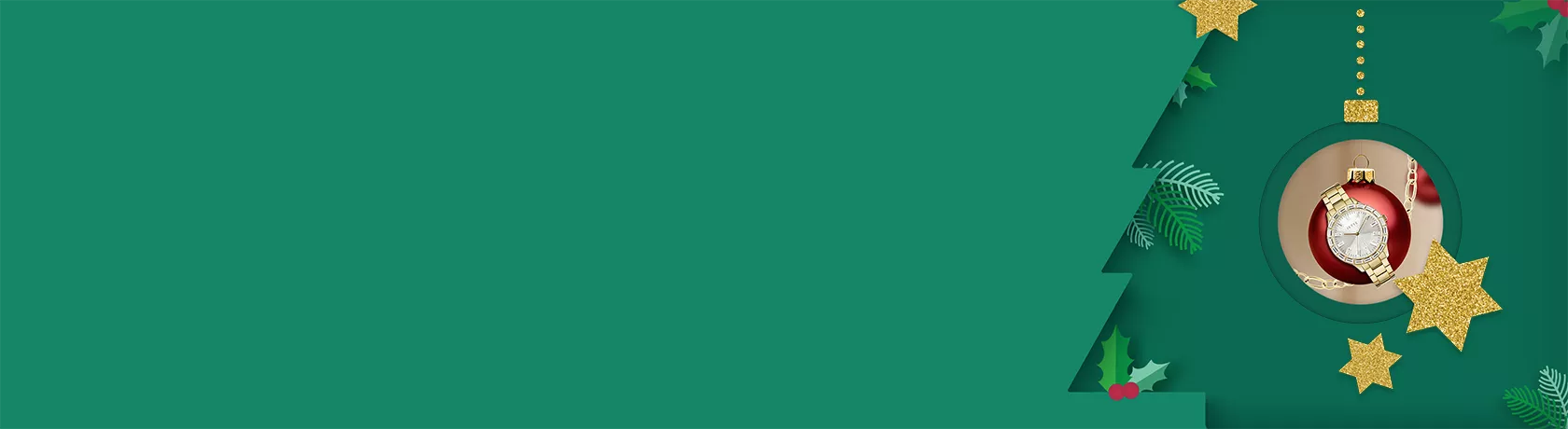 Rote Weihnachtskugel mit goldener Uhr darum gebunden.