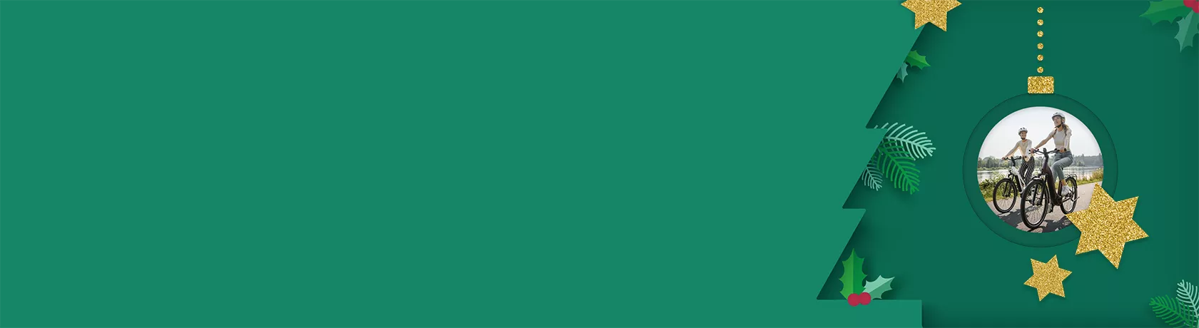 Zwei Personen fahren auf einem Radweg mit E-Bikes, daneben zwei gelbe Trinkflaschen mit dem Text '2 gratis Trinkflaschen'.