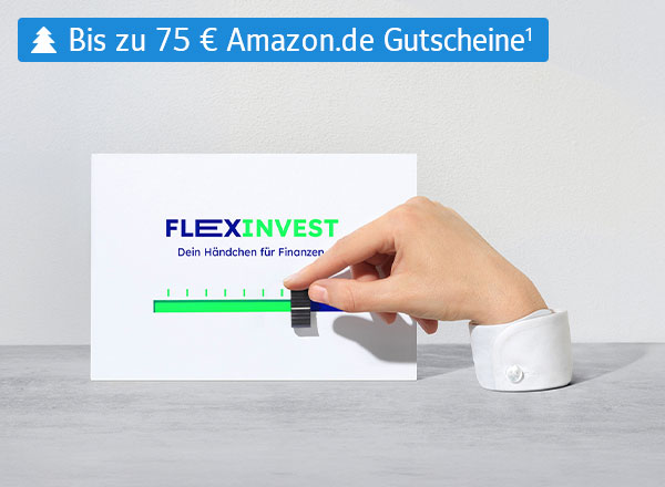Eine Hand bewegt einen schwarzen Marker entlang eines grünen Fortschrittsbalkens. Über dem Balken steht der Schriftzug „FLEXINVEST – Dein Händchen für Finanzen“. In der Mitte des Bildes befindet sich ein Hinweis, der auf einen Amazon.de-Gutschein von bis zu 75 € aufmerksam macht.